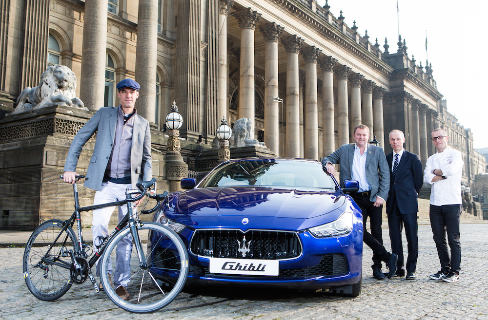 Picture by Alex Whitehead/SWpix.com - 17/03/2015 - Cycling - Maserati Cycling Launch - Leeds Town Hall, Leeds, England - (Left to Right) Former pro-cyclist and Maserati GB brand ambassador David Millar, Welcome to Yorkshire Chief Executive Gary Verity, Region Manager Maserati North Europe Peter Denton and Michelin-starred Chef Alan Murchison pictured with a Maserati Ghibli to launch Maserati Cycling and announce Maserati as the title sponsor of the Tour de Yorkshire Ride.