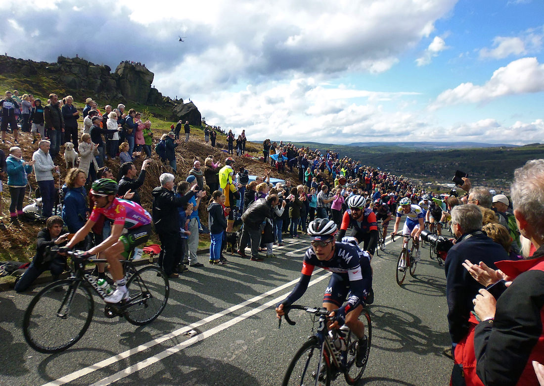 Picture by Barry Wilkinson/SWpix.com - 03/05/2015 - Cycling - 2015 Tour de Yorkshire: Stage 3, Wakefield to Leeds - Sir Bradley Wiggins of Team Wiggins makes his way up the Cow and Calf climb in Ilkley during Stage 3.